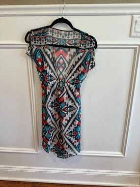 BECCA Aztec Print Swim Coverup in Teal, Coral & Black